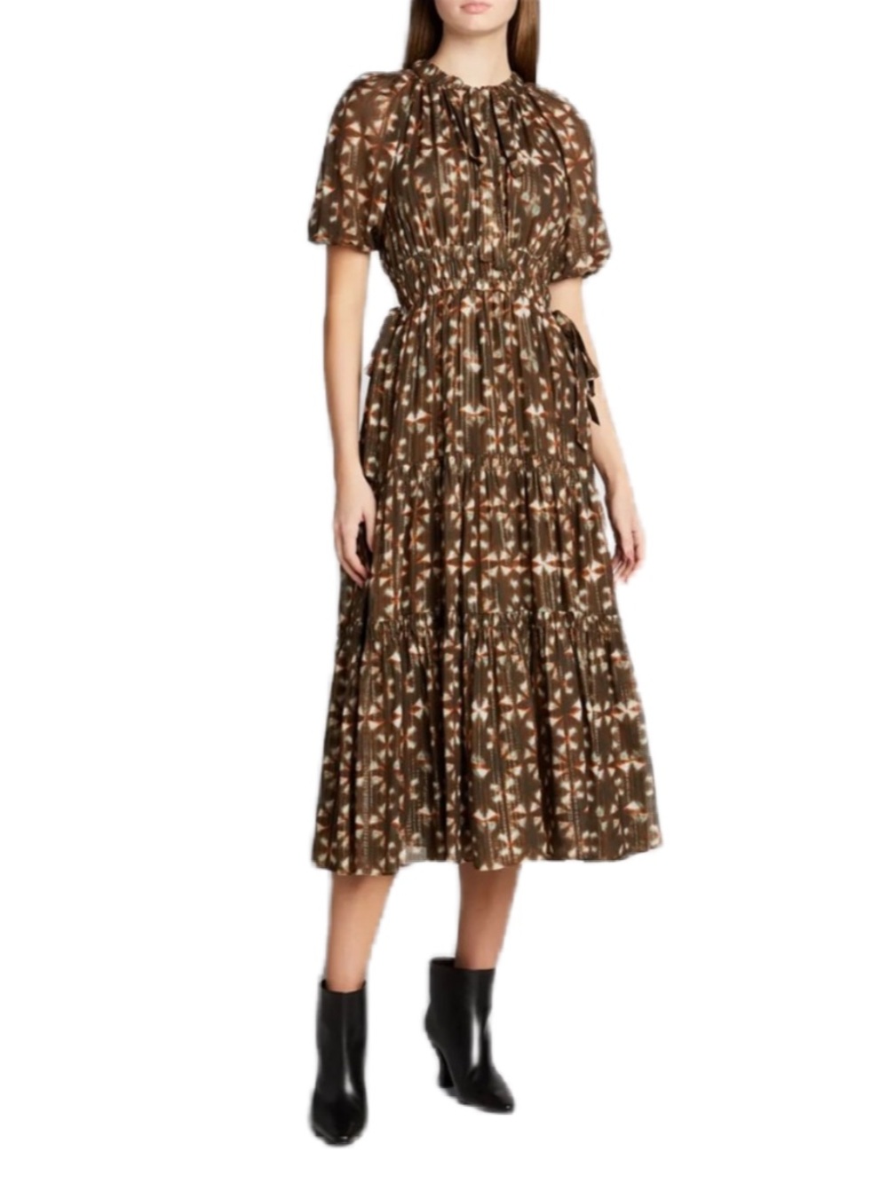 Ulla Johnson Tunis Midi Dress 100% Silk Olive Prism Metallic Puff Sleeve Size 4 - Picture 4 of 16